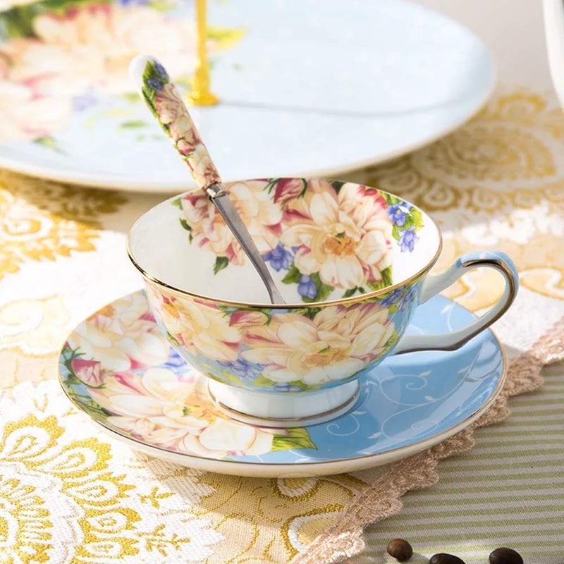 Krysclove Vintage Ceramic Teacup, Elegant Coffee Cup with Spoon and Saucer Set, Fine Royal Bone China Tea Cups (Blue) - Image 2